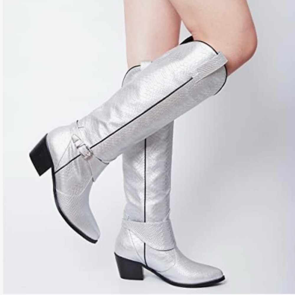 Women's Cowboy Boots Western Cowgirl Boots Knee High Pull On Size 40/9 Silver